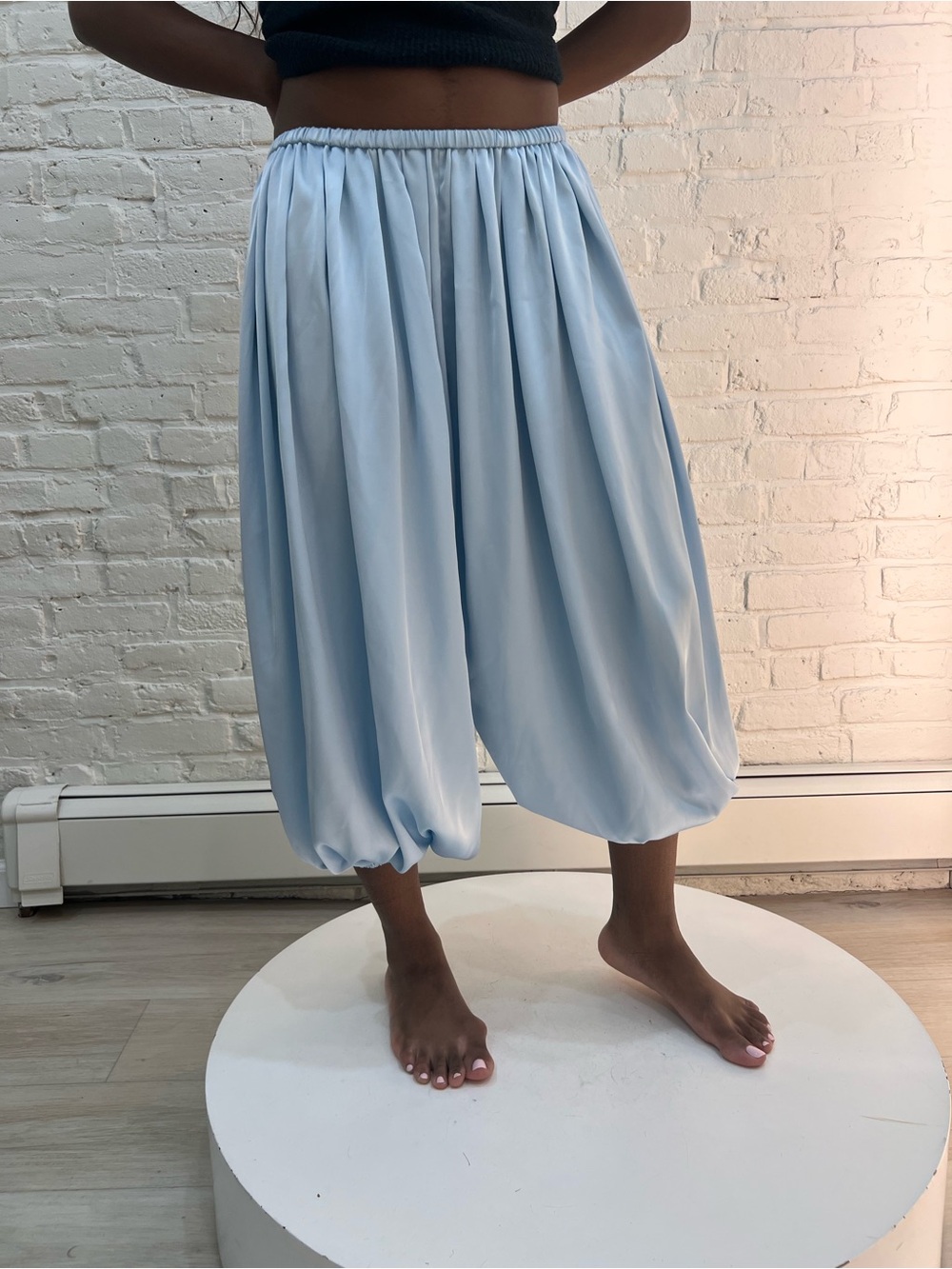 Gathered Light Blue Bubble-Hem Elastic-Waist Pants